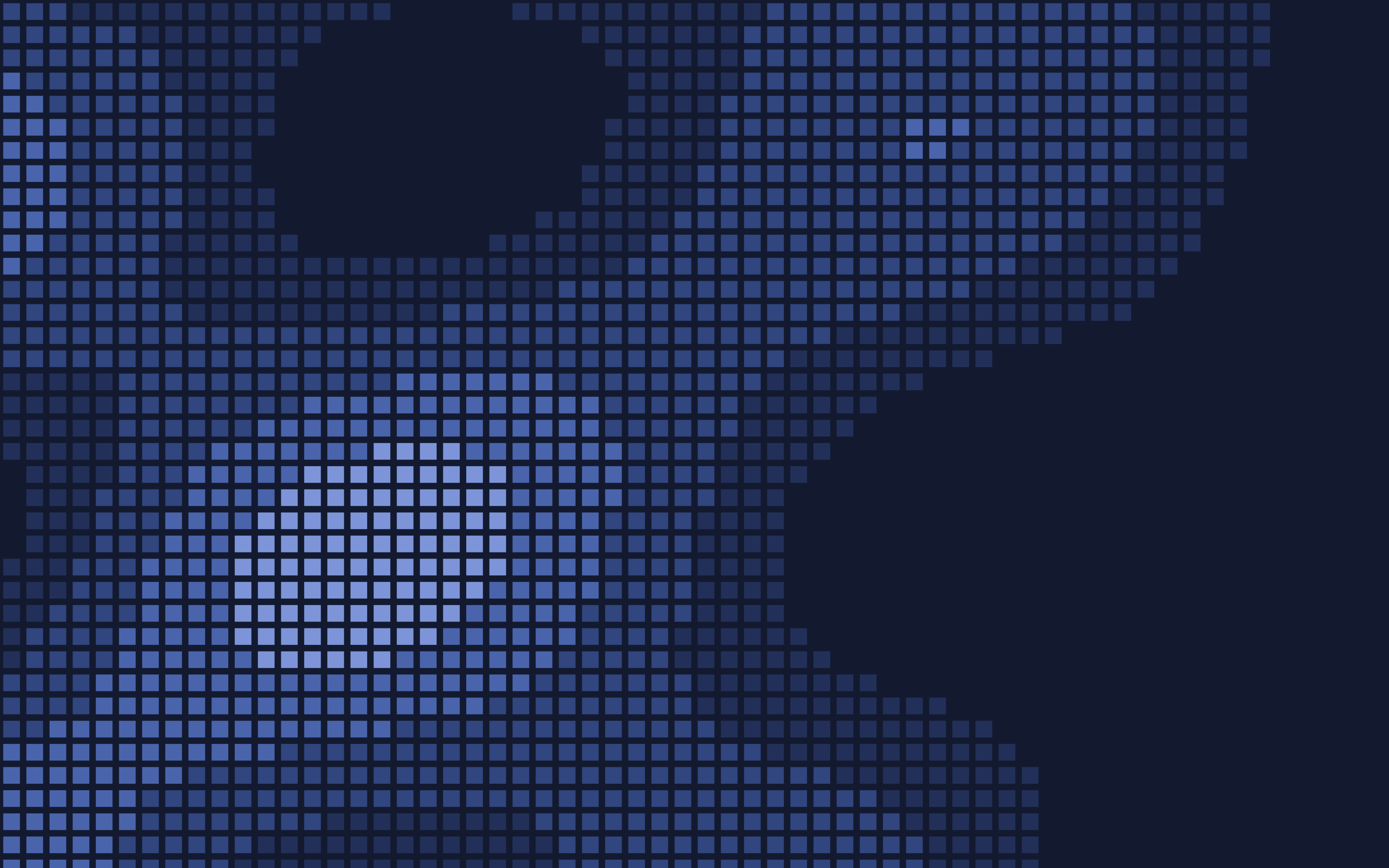 Abstract field of squares in deep blue, densest at the left and dissolving toward the right.