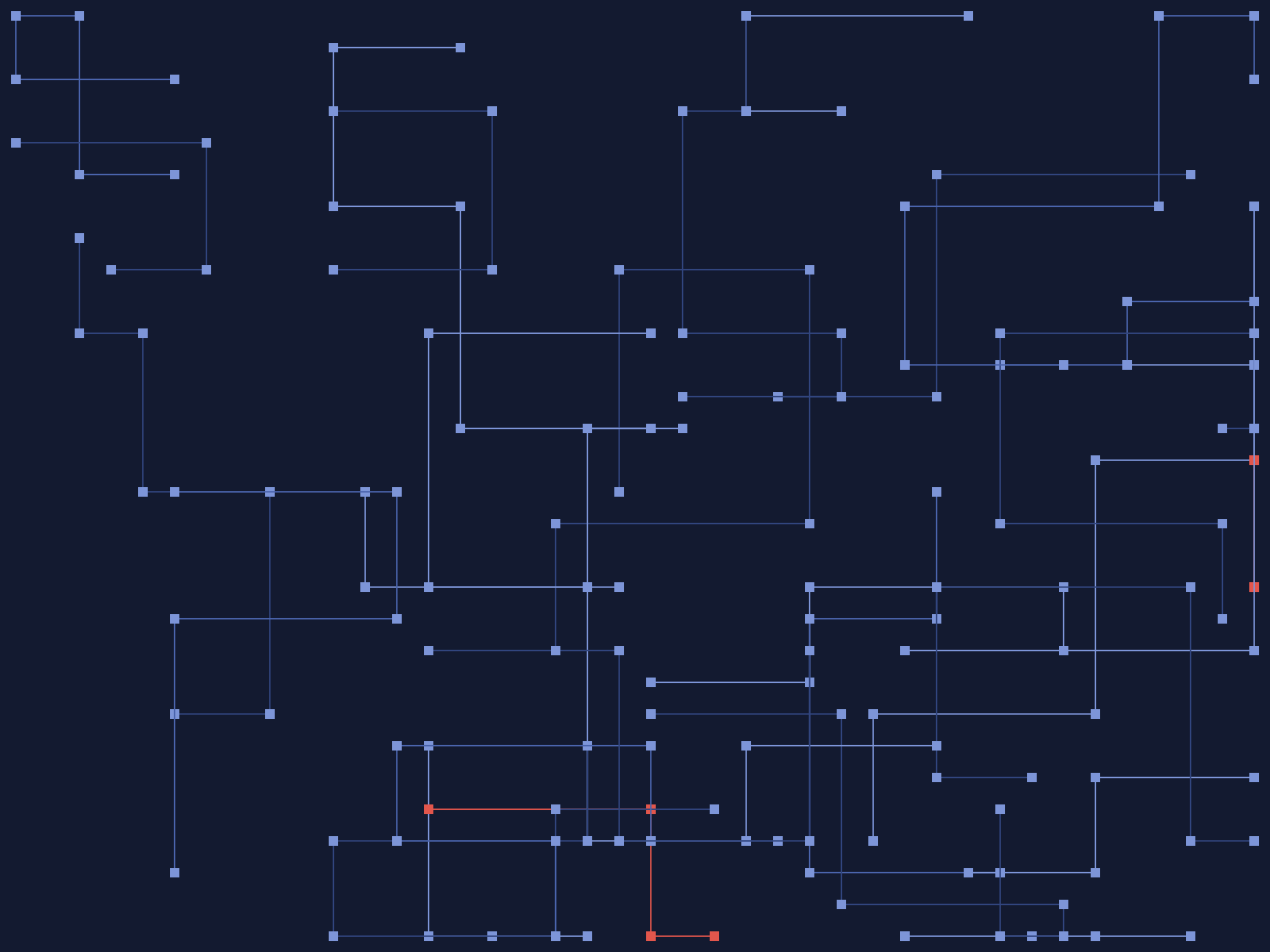 Orthogonal circuit traces connecting nodes on a dark blue field, a few highlighted in red.
